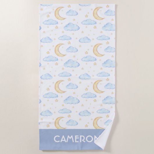 水彩月の星と雲のパターン ビーチタオル (正面)