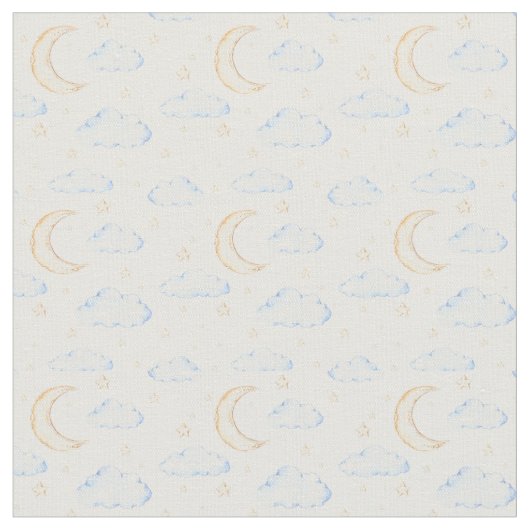 水彩月の星と雲のパターン ファブリック (クローズアップ)