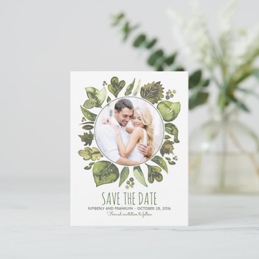 水彩月桂樹の緑の写真保存日 案内ポストカード (スタンド正面)