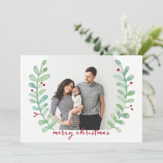 水彩月桂樹リースメリークリスマスフォト シーズンカード (スタンド正面)