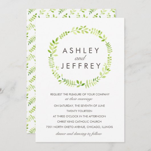 水彩月桂樹(背パターン(の模様が)ある付) 招待状 (正面/裏面)