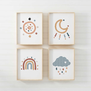 水彩望峰の太陽と月のセット4ポスター