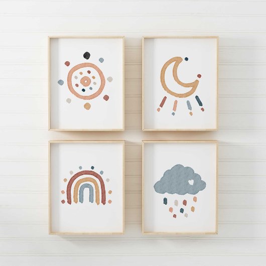 水彩望峰の太陽と月のセット4ポスター