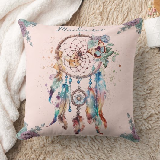 水彩望峰ドリームキャッチャーパーソナライズされた名 クッション (ブランケット)