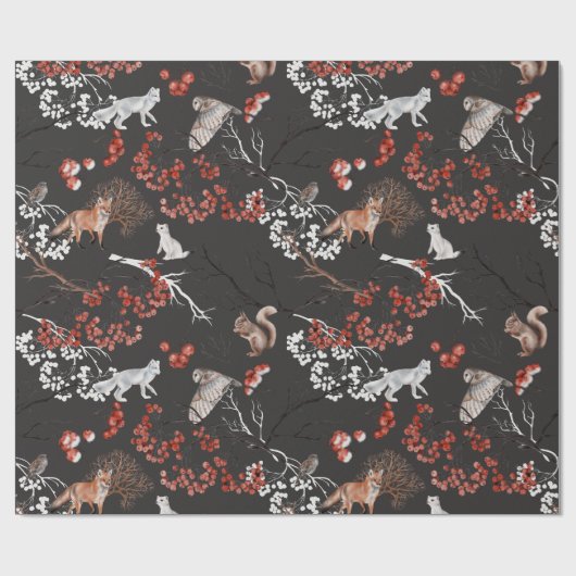 水彩木地の果実と動物のクリスマス ラッピングペーパー (フラット)