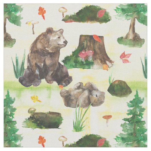 水彩木地クマとクマの子付き ファブリック (クローズアップ)
