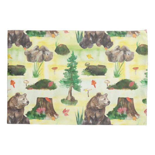 水彩木地クマとクマの子付き 枕カバー (裏面)