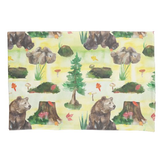 水彩木地クマとクマの子付き 枕カバー (正面)