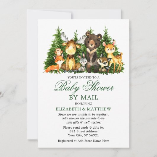 水彩木地動物の木々がメールでシャワー 招待状 (正面)