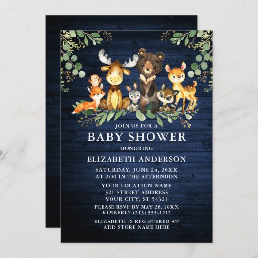 水彩木地動物の木の緑シャワー 招待状 (正面/裏面)