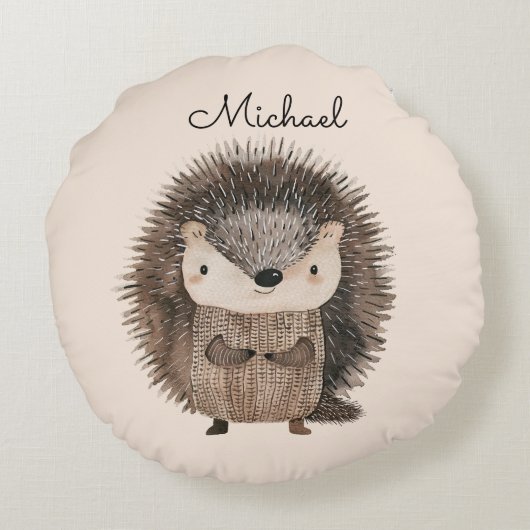 水彩木地動物ハリネズミパーソナライズされた ラウンドクッション (裏面)