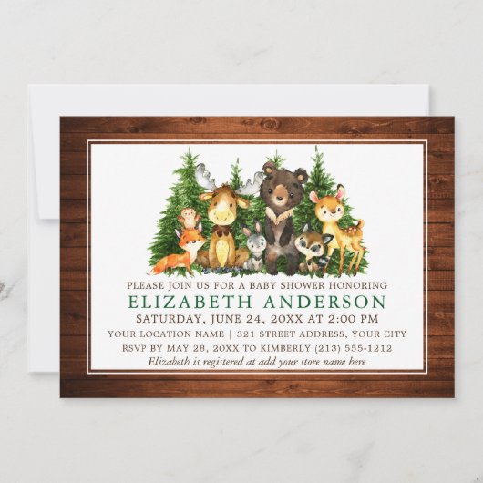 水彩木地動物木素朴のシャワー 招待状 (正面)