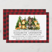 水彩木地動物赤い格子赤いシャワー 招待状 (正面/裏面)