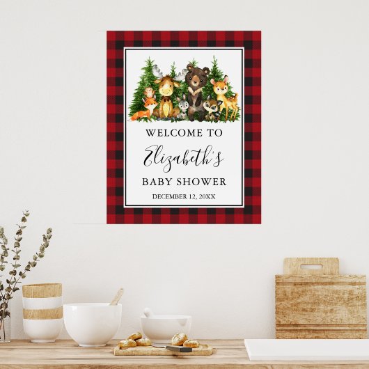 水彩木地動物赤ちゃんシャワープレイド ポスター (キッチン)