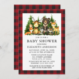 水彩木地動物赤ちゃんシャワーレッドプレイド 招待状