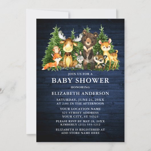 水彩木地動物青い木のシャワー 招待状 (正面)