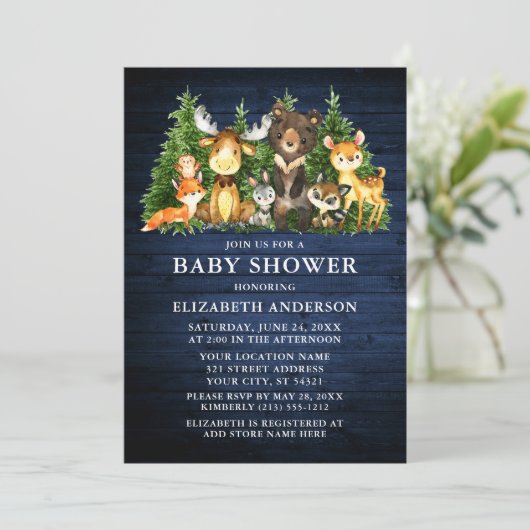 水彩木地動物青い木のシャワー 招待状 (スタンド正面)