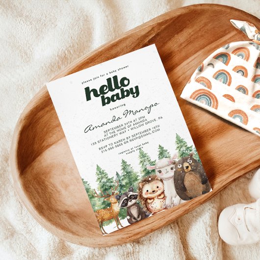 水彩木地松の木の冬の赤ちゃんシャワー 招待状