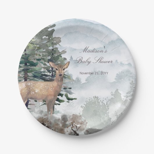 水彩木地森林局Doe赤ちゃんシャワー ペーパープレート (正面)