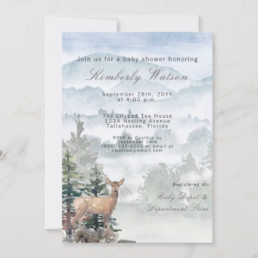水彩木地森林局Doe赤ちゃんシャワー 招待状 (正面)