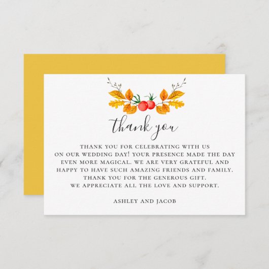 水彩木地秋の結婚式。植物秋 サンキューカード (正面/裏面)
