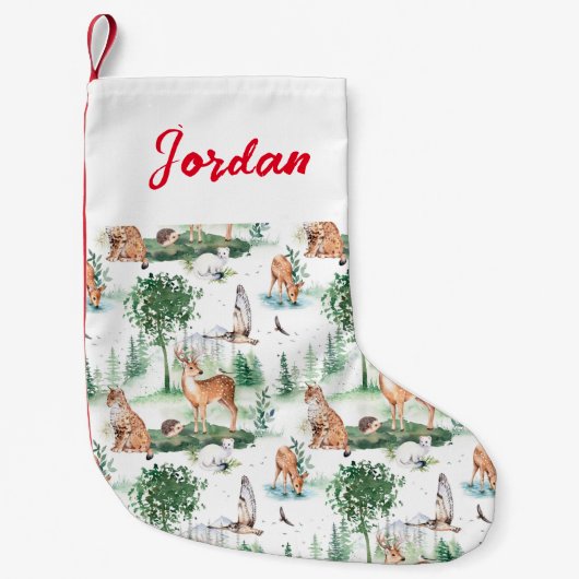水彩木地赤ん坊の動物模様 スモールクリスマスストッキング (正面)