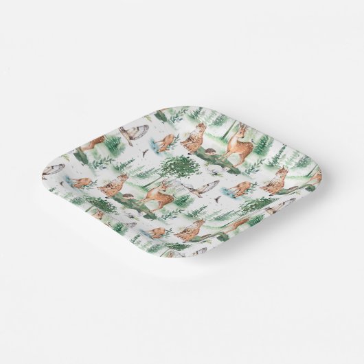 水彩木地赤ん坊の動物模様 ペーパープレート (傾斜あり)