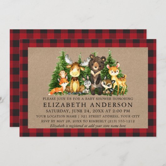 水彩木版動物赤ちゃんシャワー素朴 招待状 (正面/裏面)