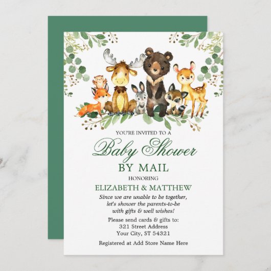 水彩木版動物赤ちゃんシャワー通販 招待状 (正面/裏面)