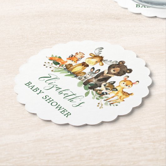 水彩木版動物赤ちゃんシャワー ペーパーコースター (アングル)