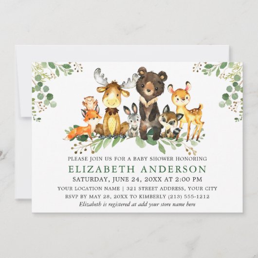 水彩木版動物赤ちゃんシャワー 招待状 (正面)