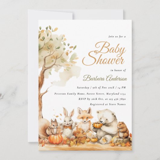 水彩木版動物赤ちゃんシャワー 招待状 (正面)