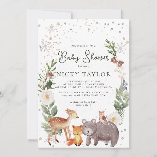 水彩木版動物雪冬季ベビーシャワー 招待状 (正面)