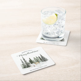 水彩木立のクリスマス スクエアペーパーコースター