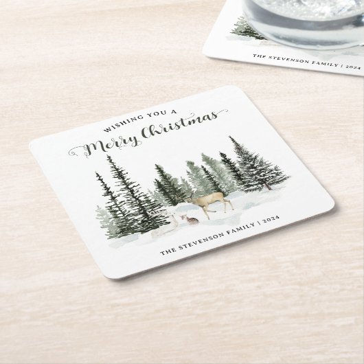 水彩木立のクリスマス スクエアペーパーコースター (アングル)