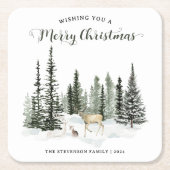 水彩木立のクリスマス スクエアペーパーコースター (正面)