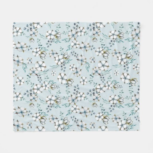 水彩木綿花とユーカリ フリースブランケット (正面(横))