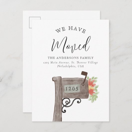水彩木製メールボックス新しいホームムービング 案内ポストカード (正面/裏面)