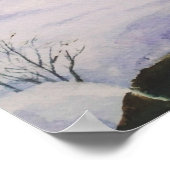 水彩木造の家と雪の松 ポスター (角)