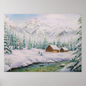 水彩木造の家と雪の松 ポスター (正面)