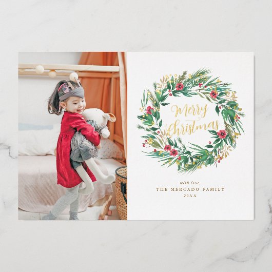 水彩松とベリーリースクリスマスフォト 箔招待状 (正面)