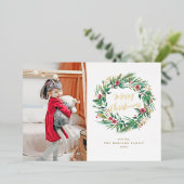 水彩松とベリーリースクリスマスフォト 箔招待状 (立ち正面)