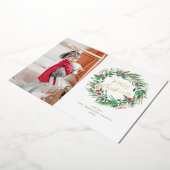 水彩松とベリーリースクリスマスフォト 箔招待状 (回転した状態)
