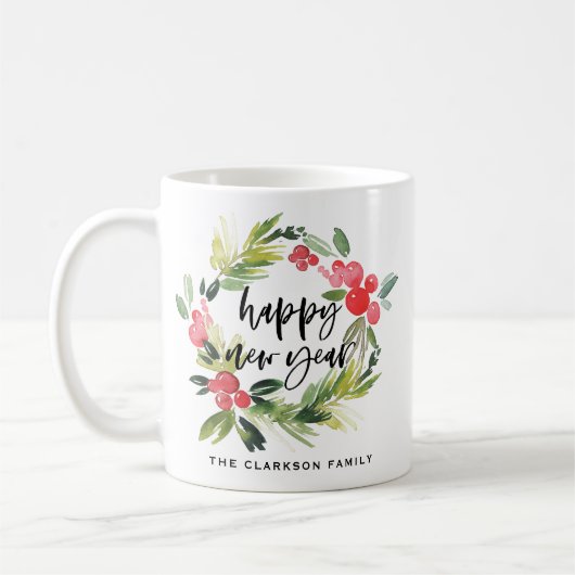 水彩松とホリーリースカスタム新年 コーヒーマグカップ (左)