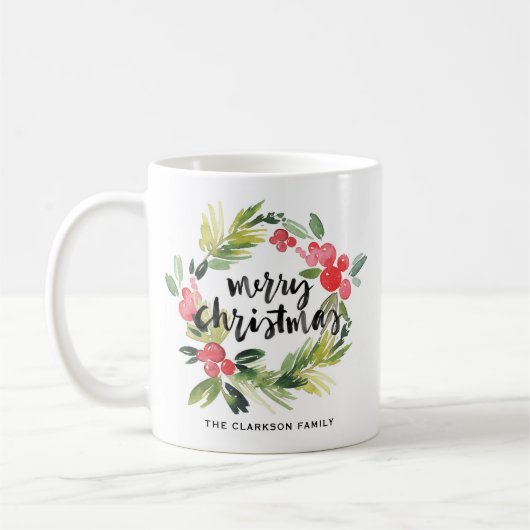 水彩松とホリーリースクリスマスフォト コーヒーマグカップ (左)