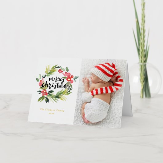 水彩松とホリーリースクリスマスフォト 箔シーズンカード (正面)