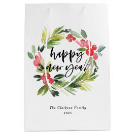 水彩松とホリーリースハッピーニューイヤー ミディアムペーパーバッグ