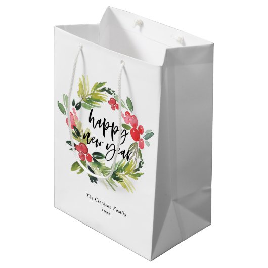 水彩松とホリーリースハッピーニューイヤー ミディアムペーパーバッグ (正面アングル)
