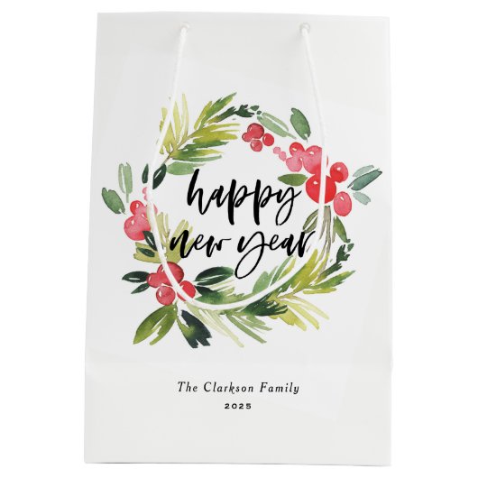 水彩松とホリーリースハッピーニューイヤー ミディアムペーパーバッグ (裏面)