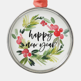 水彩松とホリーリースハッピーニューイヤー メタルオーナメント
